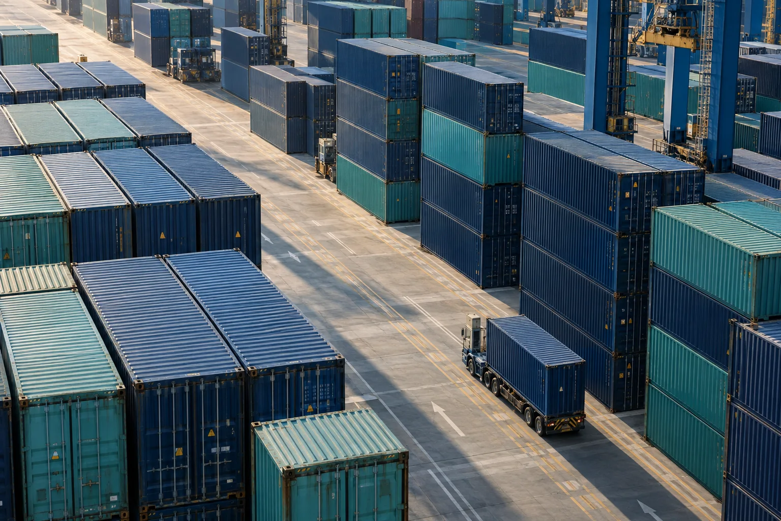 Vue de conteneurs et de voies de circulation dans un terminal portuaire